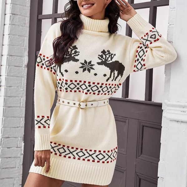 

women's sweaters women and pullovers korean casual long sleeve turtleneck pullover christmas mid-length sweater dress de mujer, White;black