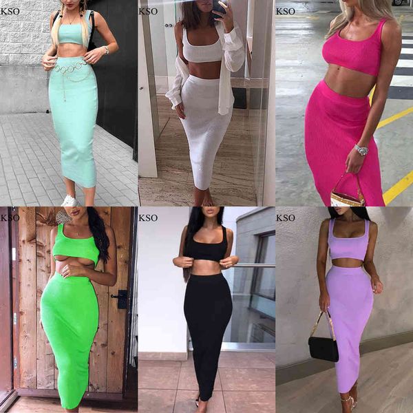 

missakso two piece set midi dress sleeveless tank club fashion party summer women ribbed dresses neon green orange pink x0521, Black;gray