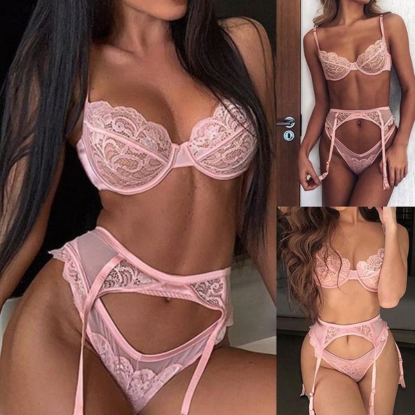 

bras sets lace underwear set women transparent wireless lingerie 3 piece hollow g-string thong 2021 bra & brief, Red;black