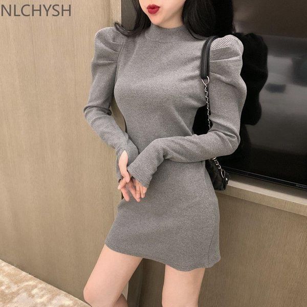 

casual dresses autumn knitted one-piece dress korean women winter warm puff long sleeve mini bodycon black 2021, Black;gray