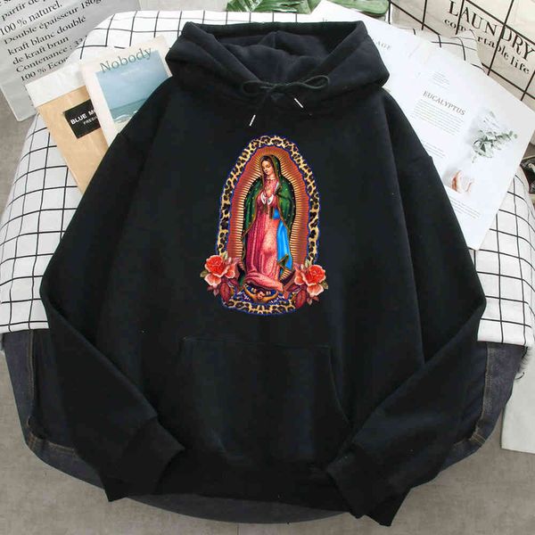 

men's hoodie, guadalupe women's print, round neck, pocket, wool, hip-hop style, fashion, Black