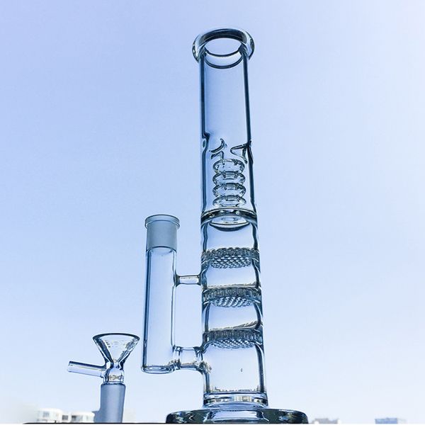 Narghilè Bong in vetro trasparente Triple Honeycomb Oil Dab Rigs Birdcage Perc Tubi per acqua 18mm Giunto femmina 5mm di spessore con ciotola HR316