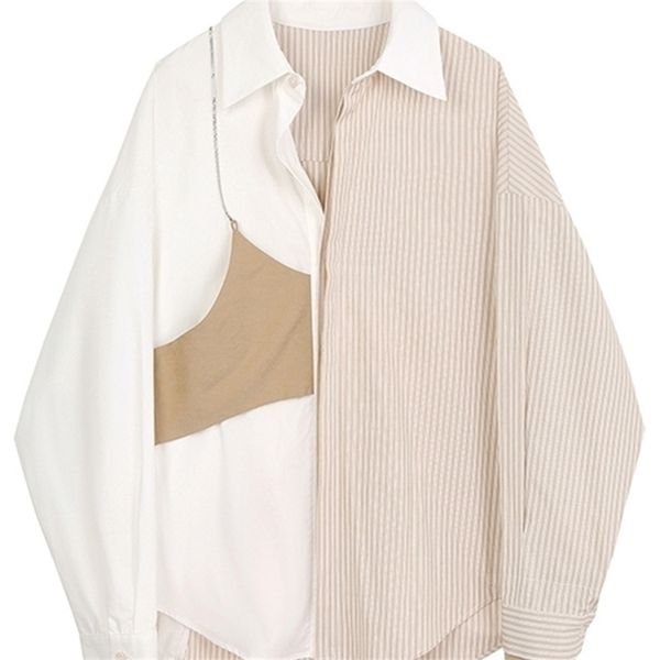 

[eam] women khaki striped split big size blouse lapel long sleeve loose fit shirt fashion spring autumn 1y913 220312, White