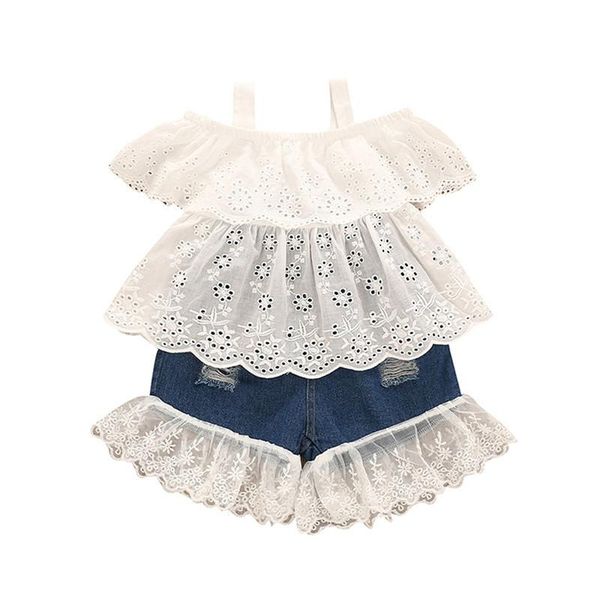 

clothing sets toddler girls clothes hollow out lace patchwork denim short pant 2pcs, White