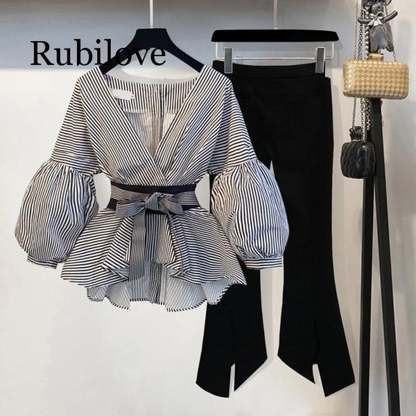 

rubilove 2021 spring summer striped bow lantern sleeve blouse women's pants set + black split flare trousers 2 pcs suits tracksuits, Gray