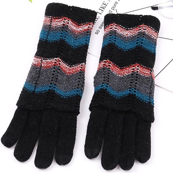 

five fingers gloves fashion women long sleeve striped finger ladies stretchy womens knitted wrist arm warmer, Blue;gray