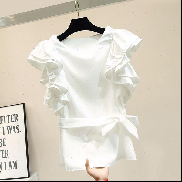 

korean style white ruffle women shirts chiffon summer blusas mulher elegantes sashes office shirt o neck black red