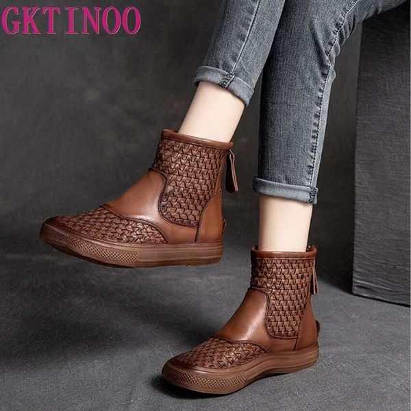 

boots women short boots woven cowhide flat casual shoes autumn and winter flat ankle boots brown ladies, Black