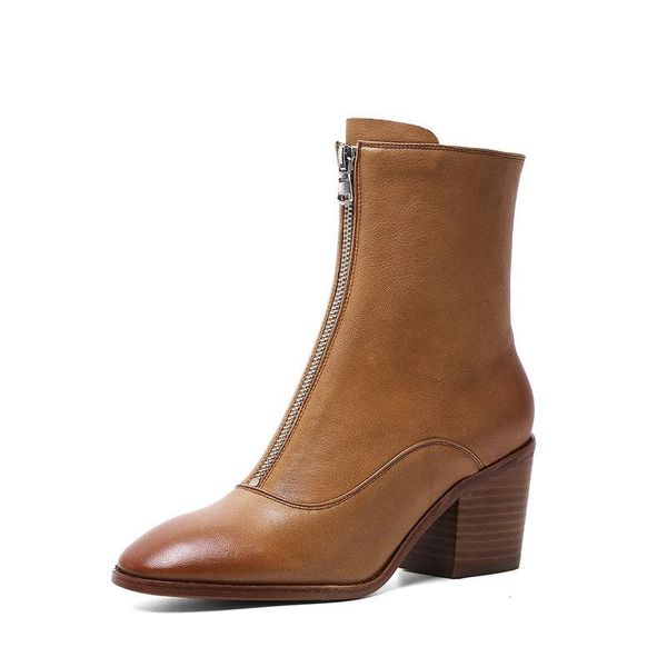 

boots genuine leather women's ankle motorcycle vintage retro zipper chunky high heels winter snow shoes woman, Black