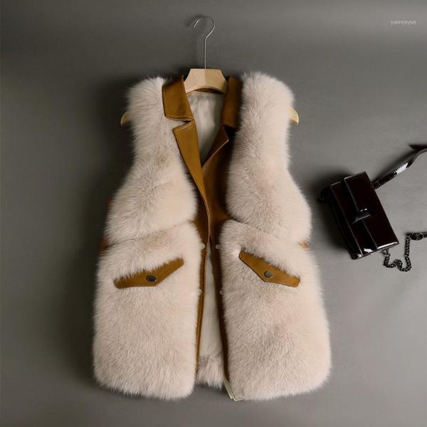 

women's fur & faux autumn winter 2021 lapel sleeveless slim fit coat women thick warm vest fashion medium long waistcoat d70, Black