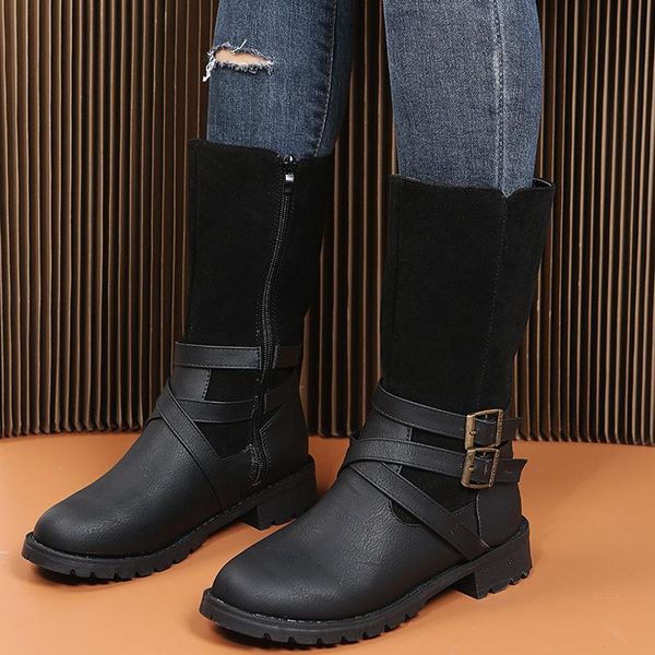 

boots plus size 35-43 retro british style brand design women mid-calf classic platform round toe belt buckle female short, Black