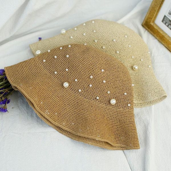 

summer crochet lafite grass short brim hat fashion fisherman basin web celebrity with straw lpearl wide hats, Blue;gray