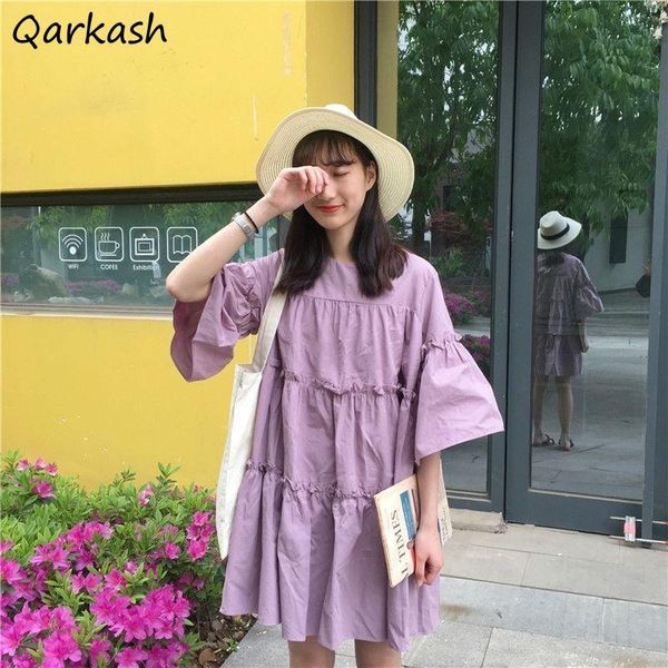 

casual dresses dress women summer korean preppy style baggy vestidos a-line solid knee-length trendy basic holiday edible tree, Black;gray