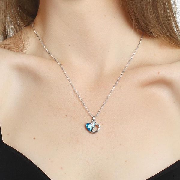 

collier stainless steel necklace women peach heart zircon crystal pendant clavicle chain ladies jewelry necklaces, Silver