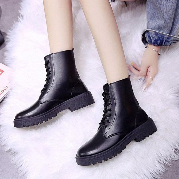 

boots concise lace-up riding bottes femmes winter solid botines female classical anti-skid ankle platform shoes, Black