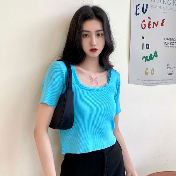 

4 colors 2021 summer korean style short sleeve lace patchwork knitted t shirts womens tee shirt femme (c1279), White