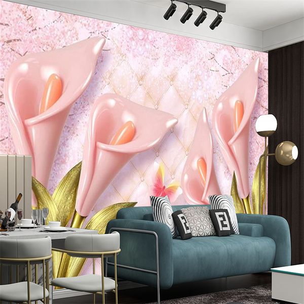 Özelleştirilmiş Lüks 3D Duvar Kağıdı HD Pembe Calla Lily Üç Boyutlu Romantik Çiçek Dekorasyon İpek Mürekkep Baskı Duvar Sticker Malzeme