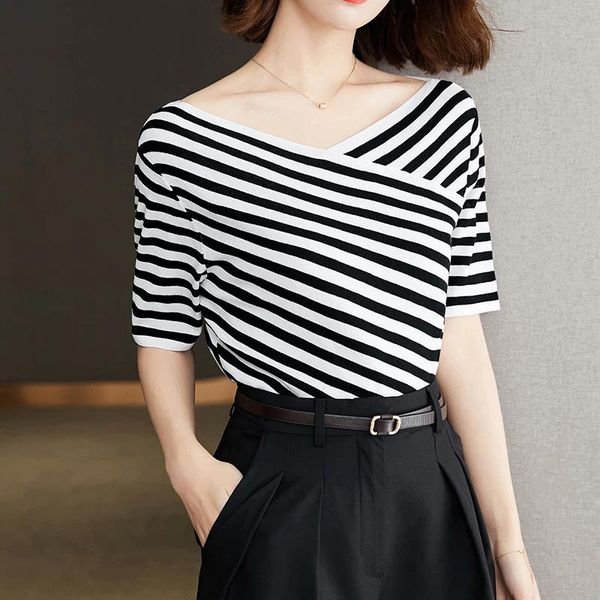 

women's t-shirt slash neck striped t-shirts harajuku loose casual basic female short sleeve fashion summer streetwear plus, White