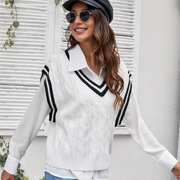 

women's knits women sleeveless shirt knitted v-neck wool vest stylish casual college style, White