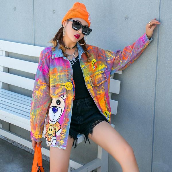 

women's jackets spring autumn fashion brand women denim jacket 2021 colorful graffiti printed female cartoon outwear, Black;brown