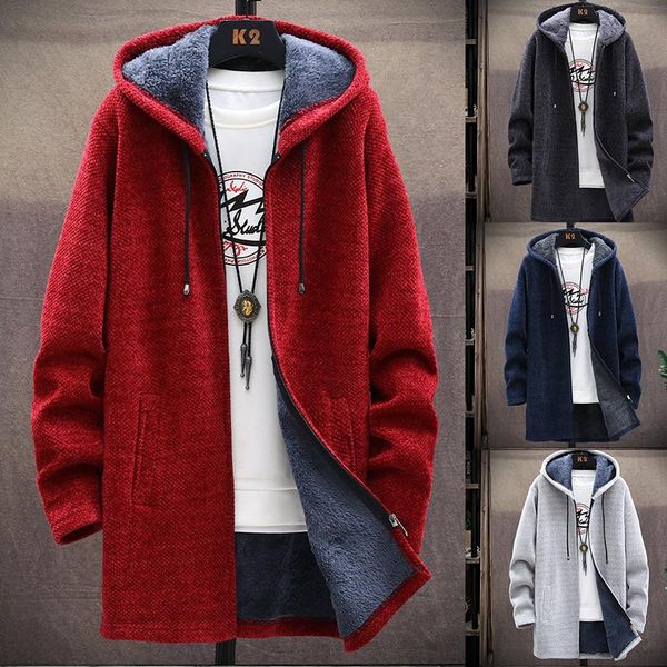 

men's trench coats 2021 winter fleece jacket to keep warm korean thickening fashion mid-length hooded casual knitted sweater, Tan;black
