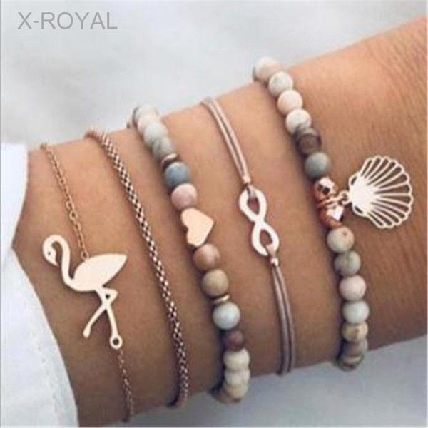 

charm bracelets x-royal 5pcs/set vintage style bohemian fashion geometric snake chain handmade beads gold alloy sets, Golden;silver