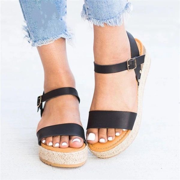 

straw muffin bottom women's sandals slope heel thick one line buckle large size dress shoes, Black