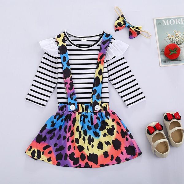 

autumn and winter born baby girl clothes stripe long sleeve +tie-dye suspender skirt+headband set outfits clothing sets, White
