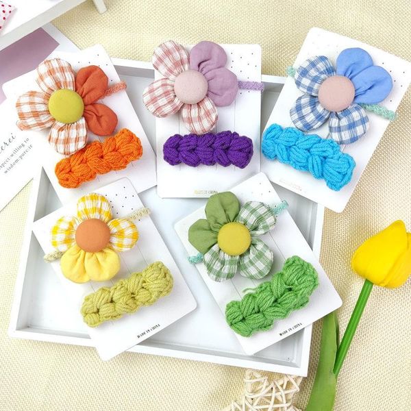 

[2 pieces] flower hair accessories bangs clip children's wool hairpin headdress fabric rope five petal set, Slivery;white
