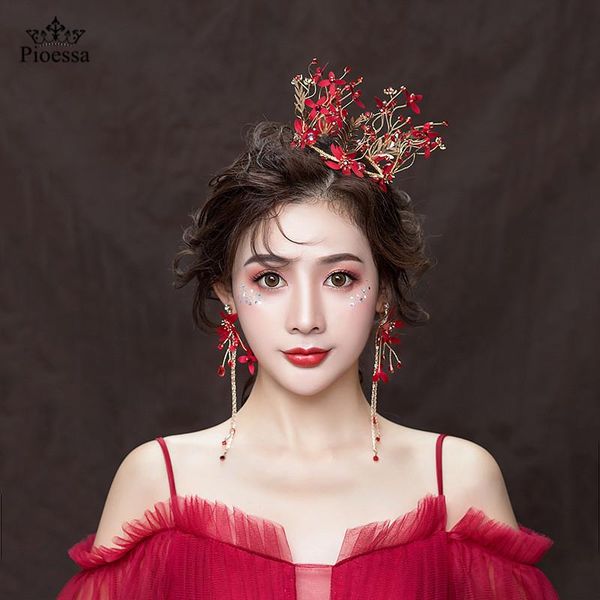 

hair clips & barrettes red flower cluster beads women bridal crown wedding party dating headwear headbands tiara jewelry hairbands with earr, Golden;silver