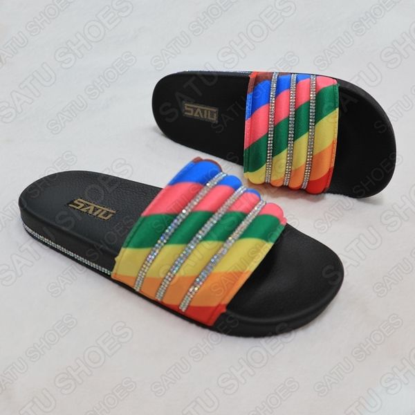

69% off store online fashion flat bottom rainbow diamond slippers for women, Black
