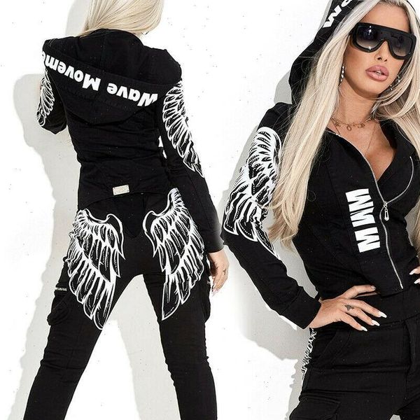 

autumn dark punk style women tracksuits two piece sets angel wing print zipped hooded coat and casual pants streetwear, Gray