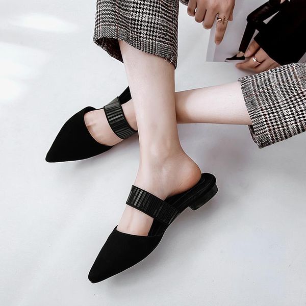 

suede leather low heels slippers for women vintage mules brand office lady basic shoes woman size 41 42 43, Black