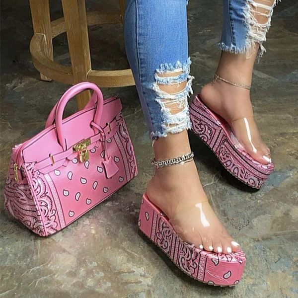 

2021 new femmes sandales bandana print platform heels sandals women wedge shoes clear band slippers for summer sandalias mujer, Black
