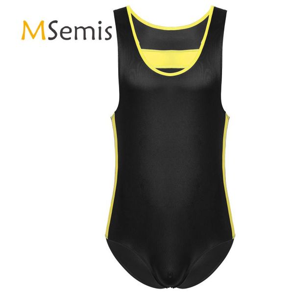 

swimwear mens swimsuits round neck sports swim bodysuit stretchy patent leather patchwork gymnastic leotard lingerie underwear one-piece sui