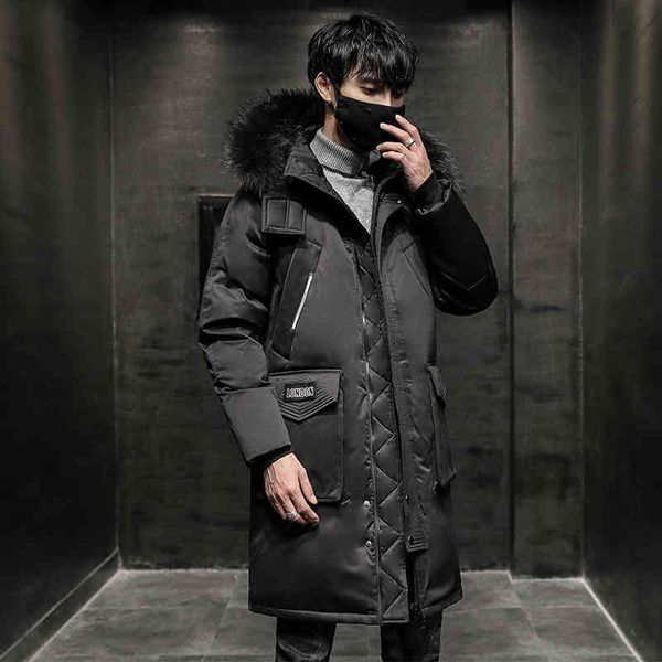 

men's jackets winter in hoodie big leather collar long, white duck down jacket, Black;brown