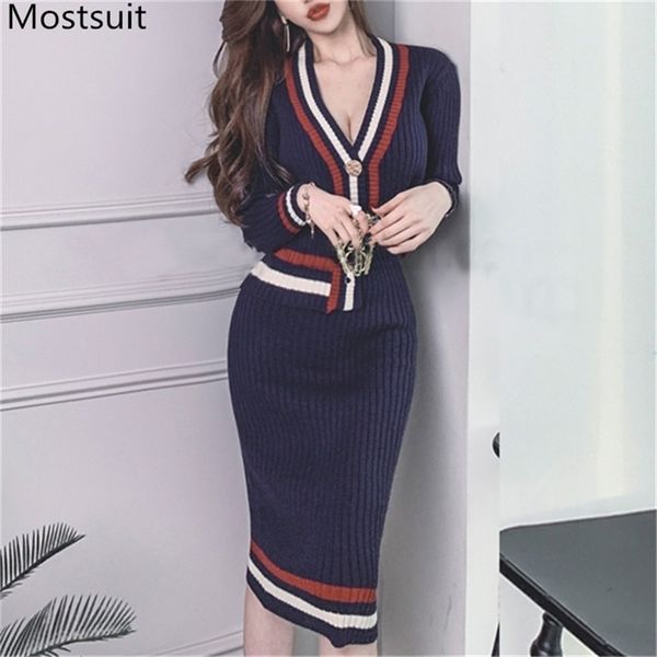 

korean striped knitted two piece set outfits spring v-neck cardigan + pencil skirt suits vintage elegant ladies fashion 210513, White