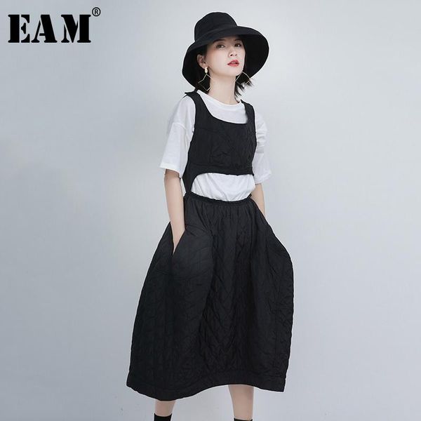 

[eam] women black cotton-padded hollow out dress round neck sleeveless loose fit fashion tide spring autumn 2021 1y933 casual dresses, Black;gray