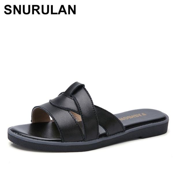 

slippers snurulan2021summer leather word female solid simple women's flats outdoor beach soft bottom zapatillas mujer, Black