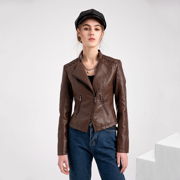 

women's leather jacket high end short slim leather jacket pu material thin women's street motorcycle clothing, Black