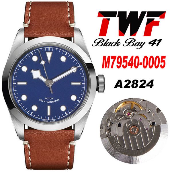 

twf 41mm 79540 a2824 automatic mens watch blue dial brown leather strap with white line 9 styles super edition 2022 new watches puretime f6, Slivery;brown