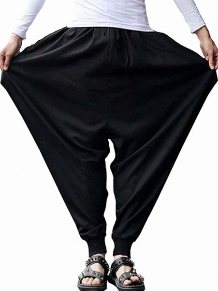 

men elastic waist drop crotch pants 7810#, Black