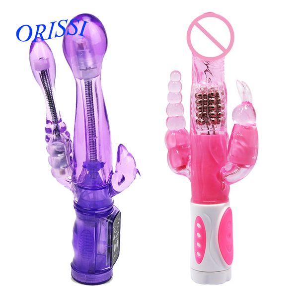 ORISSI Bunny Triple Pleasure Rabbit Vibratore G Spot Stimolatore del clitoride Plug anale Rotazione Dildo Vibratore Giocattoli del sesso per donna X0320