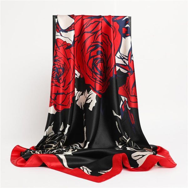 

scarves rose flower print satin silk scarf women hijab square headband bandana fashion hair tie band wrap shawls muffler 90*90cm, Blue;gray