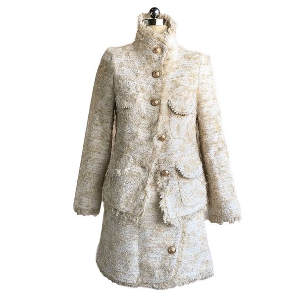 

women beige tweed jacket mini skirt pencil 2 two pieces set elegant button t0158 210514, White