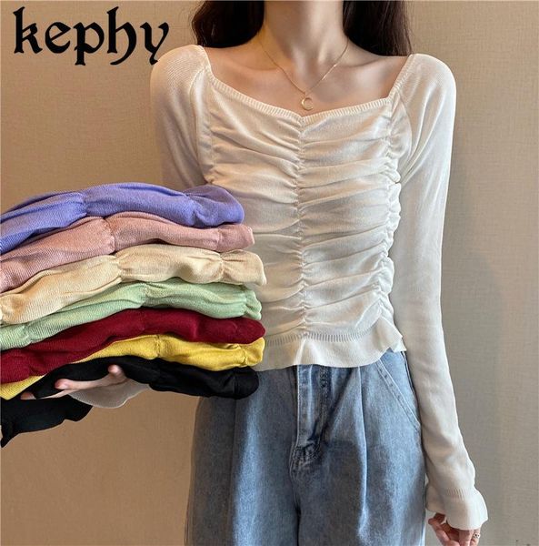 

women's sweaters flare sleeve knitted sweater autumn 2021 slim style korean version pleated short shirt bottoming, White;black