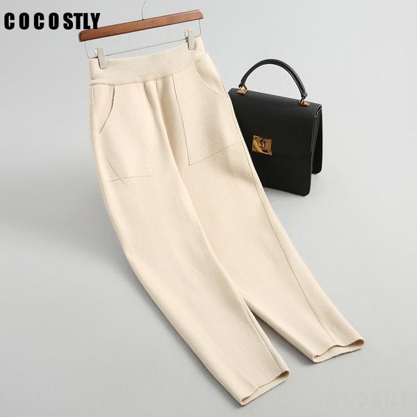

women's pants & capris women brief solid color double pockets high waist sweater ladies elegant autumn winter warm knitwear trousers, Black;white
