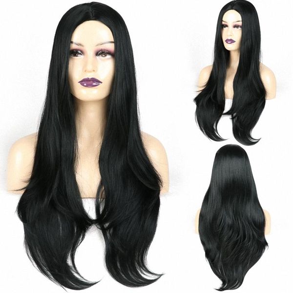 

synthetic wigs machine made long straight hair natural black color middle part heat resistant fiber wig hairpiece for women 28"