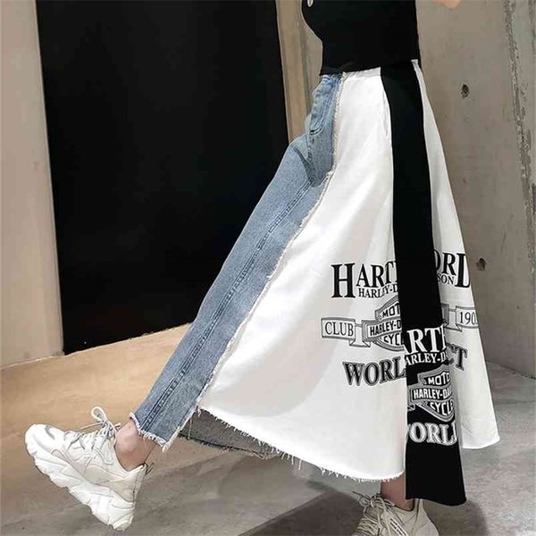 

european station letter printing spell denim skirt women loose a type mid-length female temperament casual irregular 210702, Black