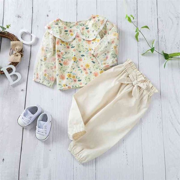 

2pc baby girl boho long-sleeve flounced collar cotton solid pants sets 210528, White